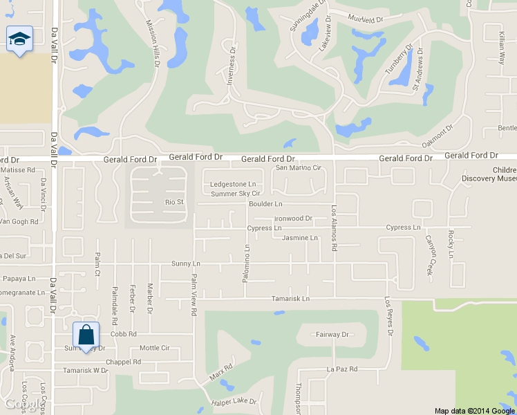 map of restaurants, bars, coffee shops, grocery stores, and more near 12 Boulder Lane in Rancho Mirage