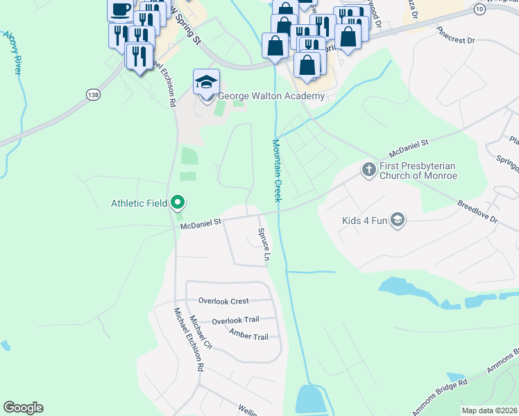 map of restaurants, bars, coffee shops, grocery stores, and more near 410 Saint Ives Walk in Monroe