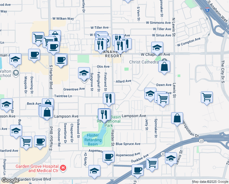 map of restaurants, bars, coffee shops, grocery stores, and more near 12326 Haster Street in Garden Grove
