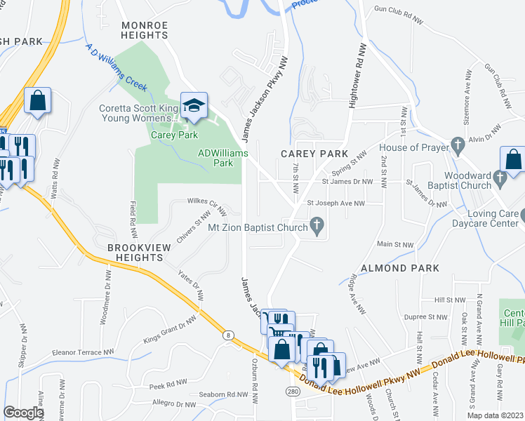 map of restaurants, bars, coffee shops, grocery stores, and more near 1077 Wedgewood Drive Northwest in Atlanta