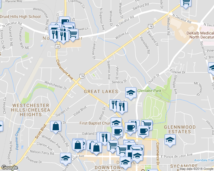 map of restaurants, bars, coffee shops, grocery stores, and more near 168 Superior Avenue in Decatur