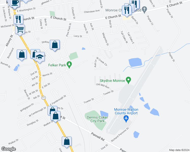 map of restaurants, bars, coffee shops, grocery stores, and more near 941 Old Mill Run in Monroe