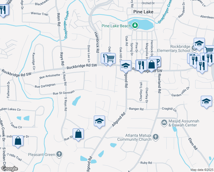 map of restaurants, bars, coffee shops, grocery stores, and more near 447 Sheppard Crook in Stone Mountain