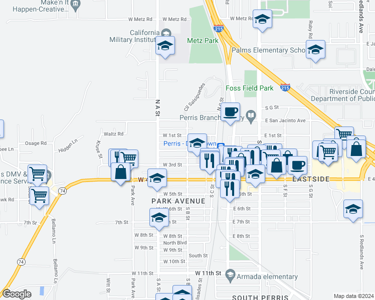 map of restaurants, bars, coffee shops, grocery stores, and more near 280 West 2nd Street in Perris