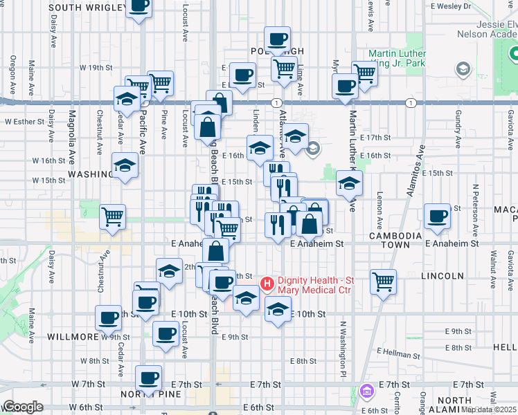 map of restaurants, bars, coffee shops, grocery stores, and more near 1430 Linden Avenue in Long Beach