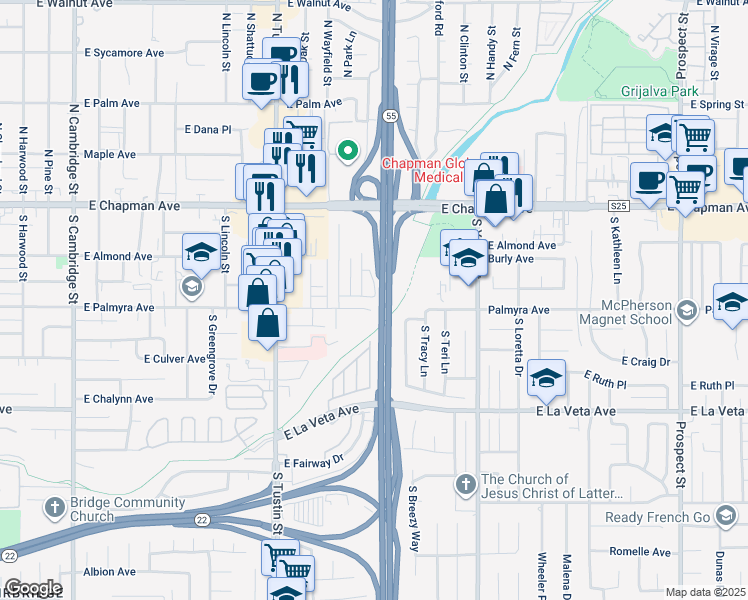 map of restaurants, bars, coffee shops, grocery stores, and more near 2041 East Palmyra Avenue in Orange