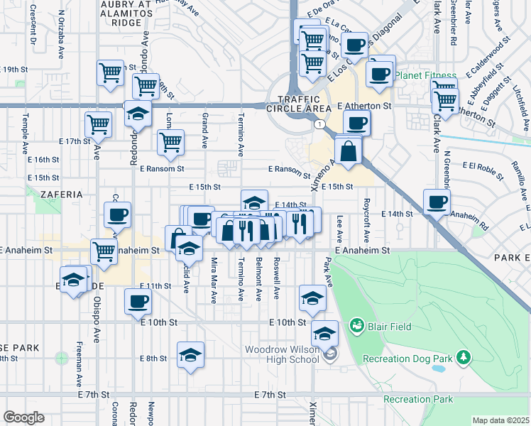 map of restaurants, bars, coffee shops, grocery stores, and more near 1389 Belmont Avenue in Long Beach
