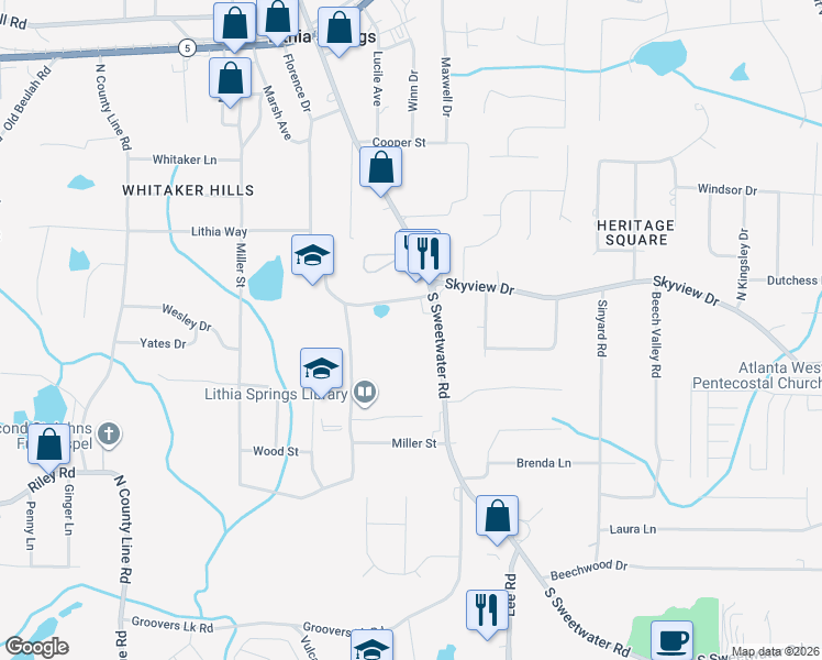 map of restaurants, bars, coffee shops, grocery stores, and more near 6989 South Sweetwater Road in Lithia Springs
