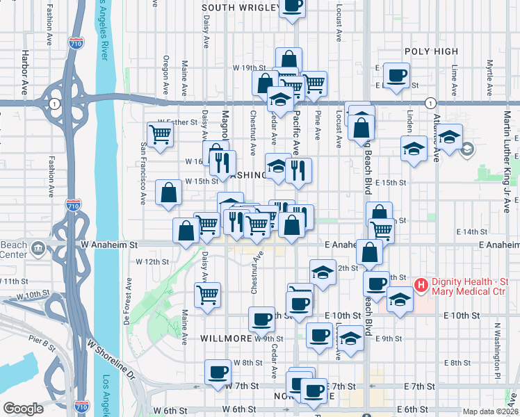 map of restaurants, bars, coffee shops, grocery stores, and more near 1424 Chestnut Avenue in Long Beach