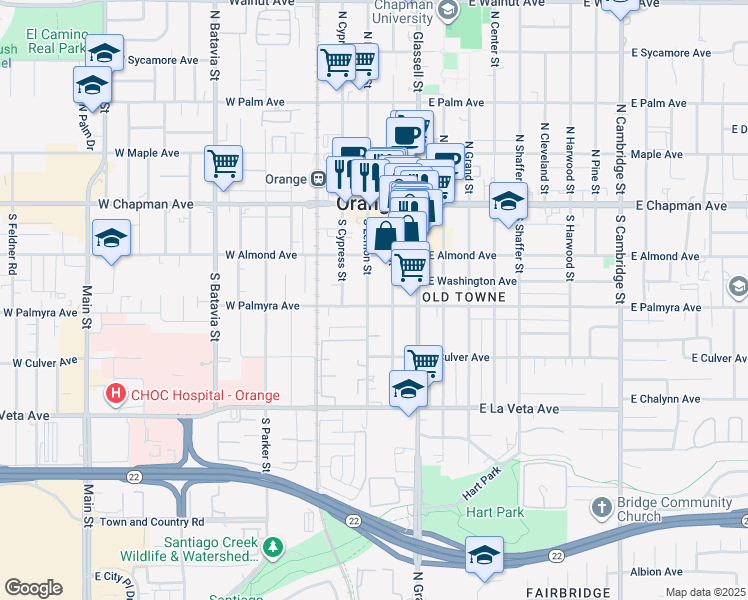 map of restaurants, bars, coffee shops, grocery stores, and more near 231 West Palmyra Avenue in Orange
