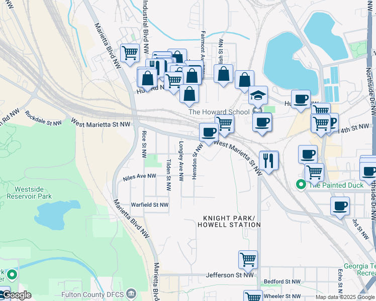 map of restaurants, bars, coffee shops, grocery stores, and more near 1103 Church Street Northwest in Atlanta