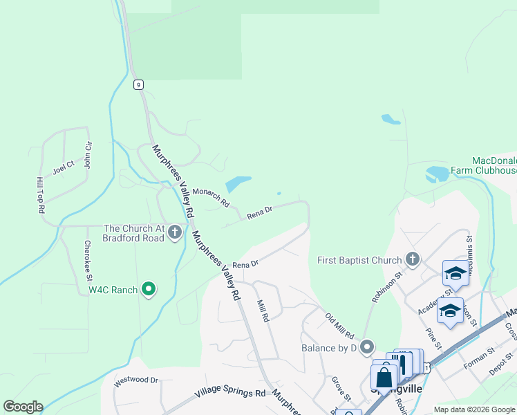 map of restaurants, bars, coffee shops, grocery stores, and more near 574 Rena Drive in Springville