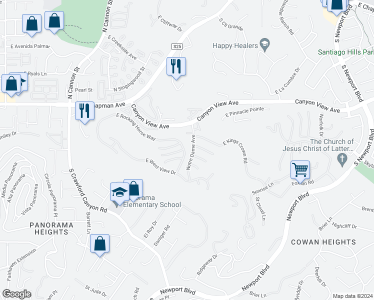 map of restaurants, bars, coffee shops, grocery stores, and more near 6311 East Rocking Horse Way in Orange