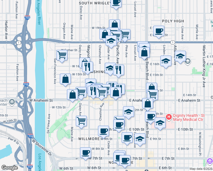 map of restaurants, bars, coffee shops, grocery stores, and more near 1415 Cedar Avenue in Long Beach