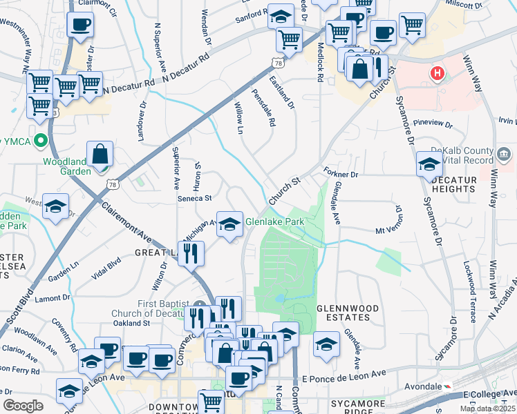 map of restaurants, bars, coffee shops, grocery stores, and more near 216 Lucerne Street in Decatur
