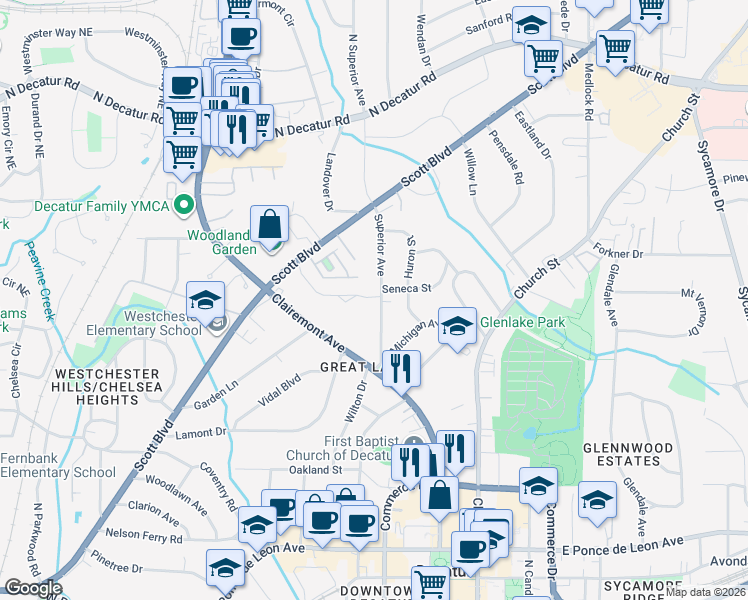 map of restaurants, bars, coffee shops, grocery stores, and more near 168 Superior Avenue in Decatur