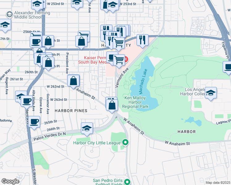 map of restaurants, bars, coffee shops, grocery stores, and more near 25975 Normandie Avenue in Los Angeles