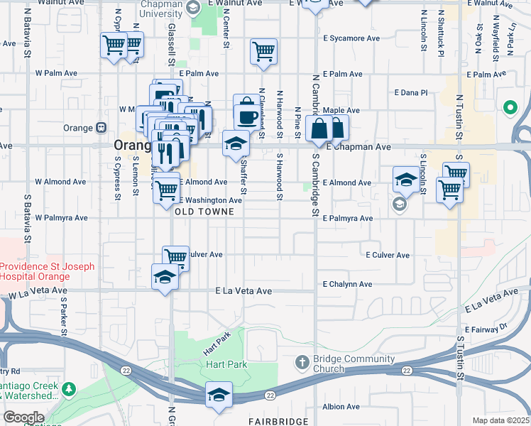 map of restaurants, bars, coffee shops, grocery stores, and more near 605 East Palmyra Avenue in Orange