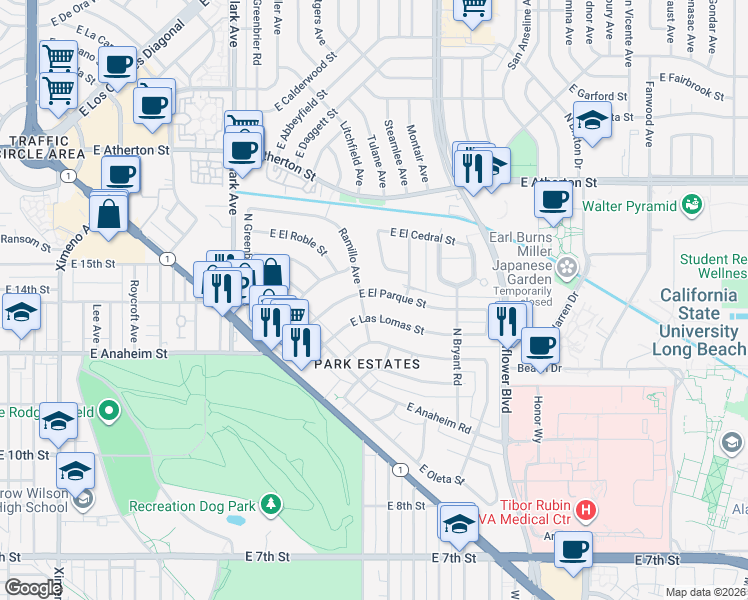 map of restaurants, bars, coffee shops, grocery stores, and more near 5410 East El Parque Street in Long Beach