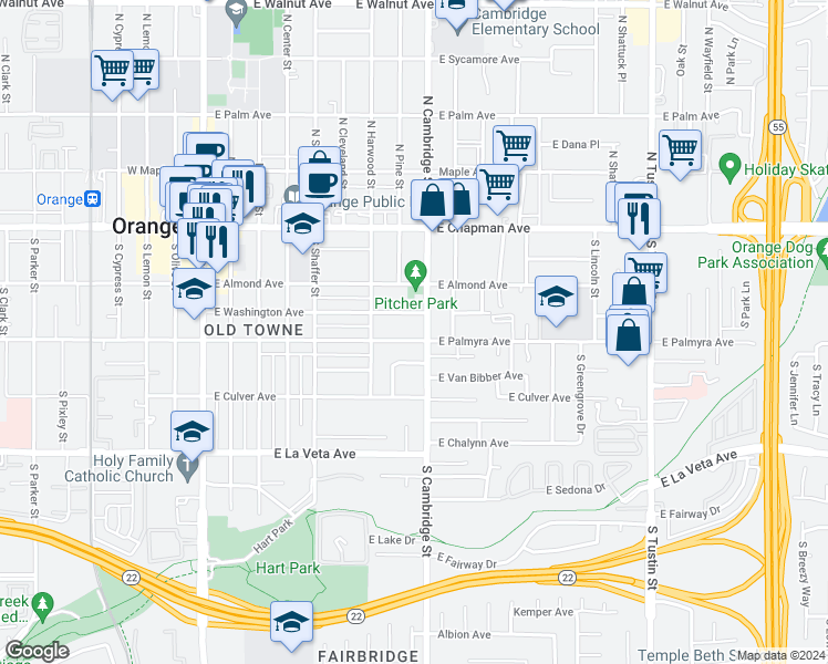 map of restaurants, bars, coffee shops, grocery stores, and more near 2 East Palmyra Avenue in Orange