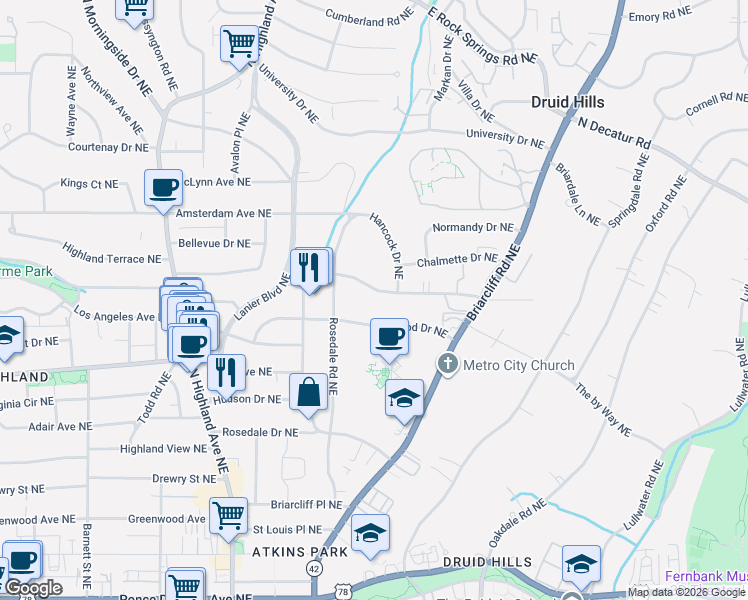 map of restaurants, bars, coffee shops, grocery stores, and more near 1251 Briarwood Drive Northeast in Atlanta