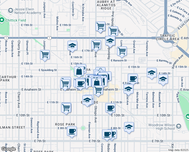 map of restaurants, bars, coffee shops, grocery stores, and more near 1403 Obispo Avenue in Long Beach