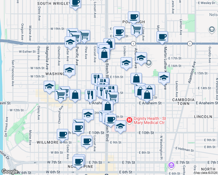 map of restaurants, bars, coffee shops, grocery stores, and more near 1427 Long Beach Boulevard in Long Beach