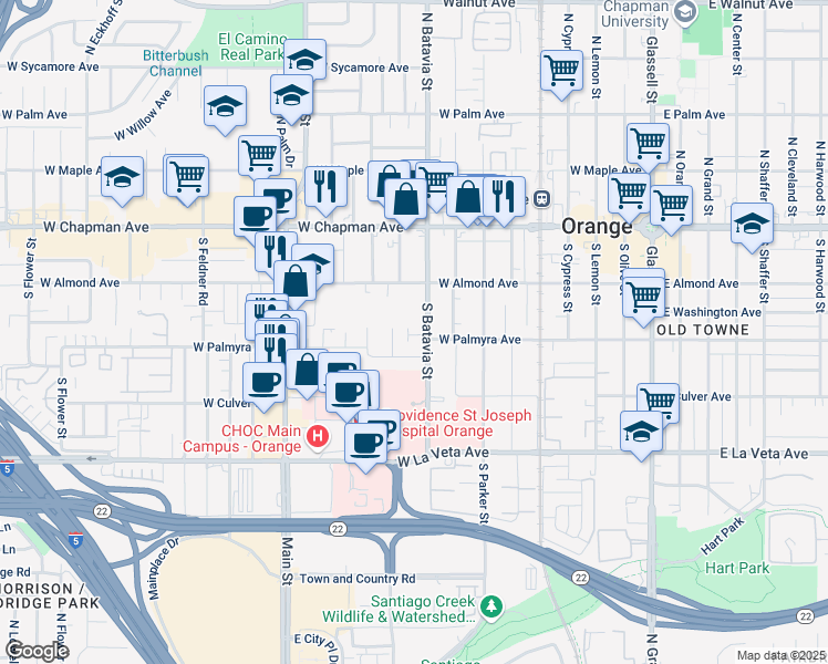 map of restaurants, bars, coffee shops, grocery stores, and more near 286 South Batavia Street in Orange