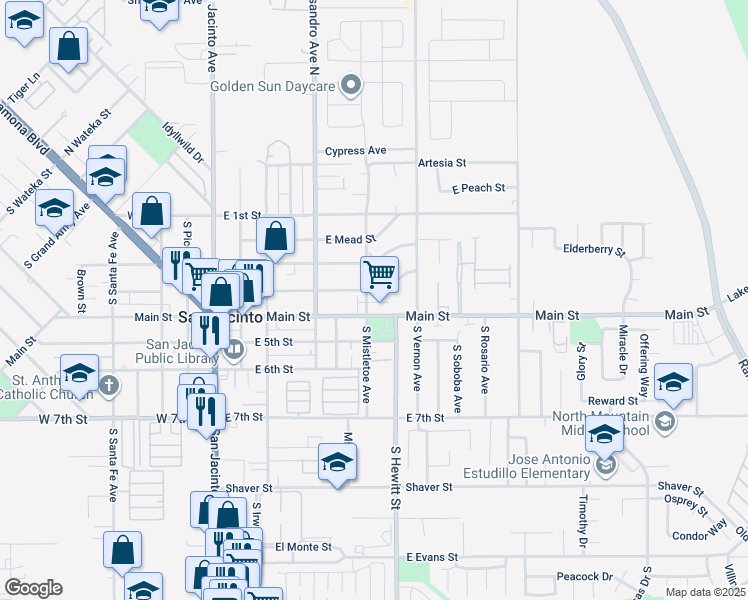 map of restaurants, bars, coffee shops, grocery stores, and more near 510 East 3rd Street in San Jacinto