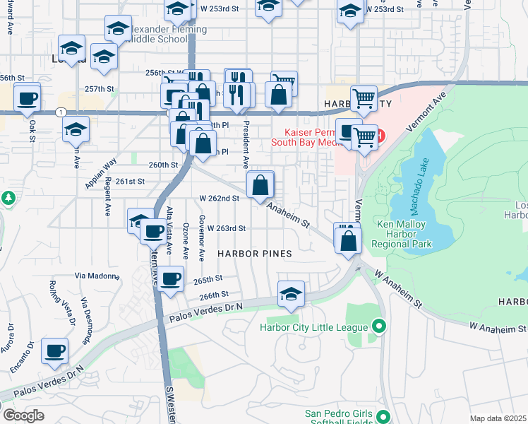 map of restaurants, bars, coffee shops, grocery stores, and more near 26215 Senator Avenue in Los Angeles