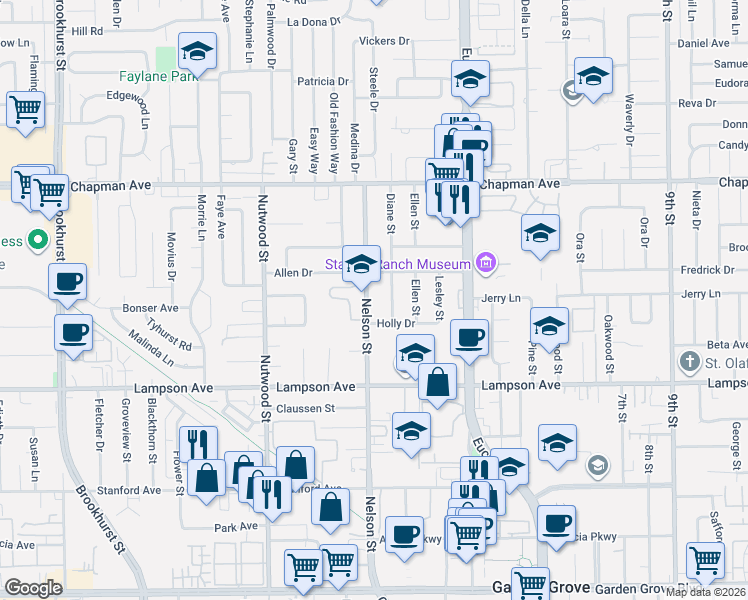 map of restaurants, bars, coffee shops, grocery stores, and more near 12272 Nelson Street in Garden Grove