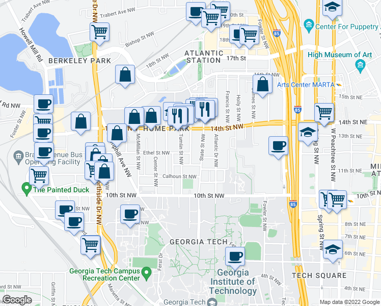 map of restaurants, bars, coffee shops, grocery stores, and more near Mecaslin St NW & Ethel St NW in Atlanta