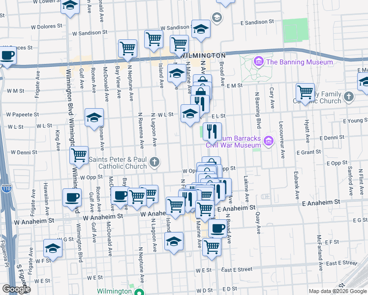 map of restaurants, bars, coffee shops, grocery stores, and more near 1056 North Fries Avenue in Los Angeles