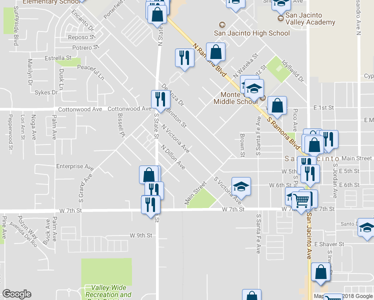 map of restaurants, bars, coffee shops, grocery stores, and more near 200 North Victoria Avenue in San Jacinto