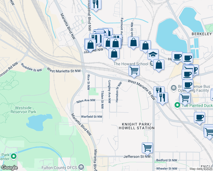 map of restaurants, bars, coffee shops, grocery stores, and more near 1135 Church Street Northwest in Atlanta