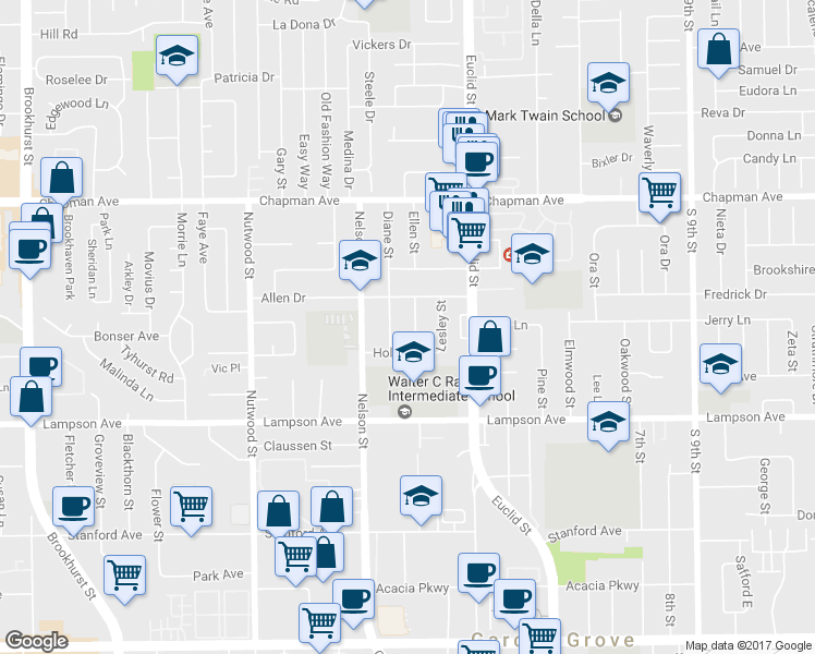 map of restaurants, bars, coffee shops, grocery stores, and more near 12271 Ellen Street in Garden Grove