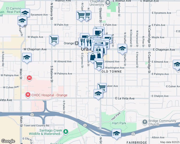 map of restaurants, bars, coffee shops, grocery stores, and more near 231 West Palmyra Avenue in Orange