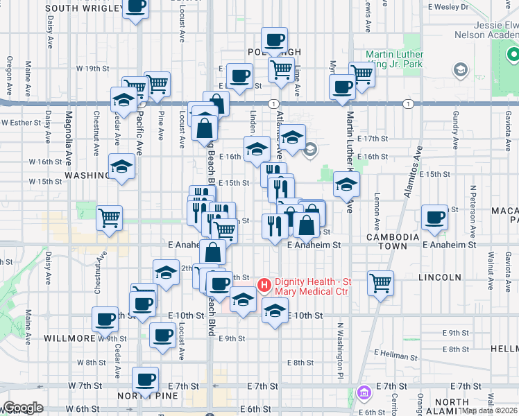 map of restaurants, bars, coffee shops, grocery stores, and more near 1434 Linden Avenue in Long Beach