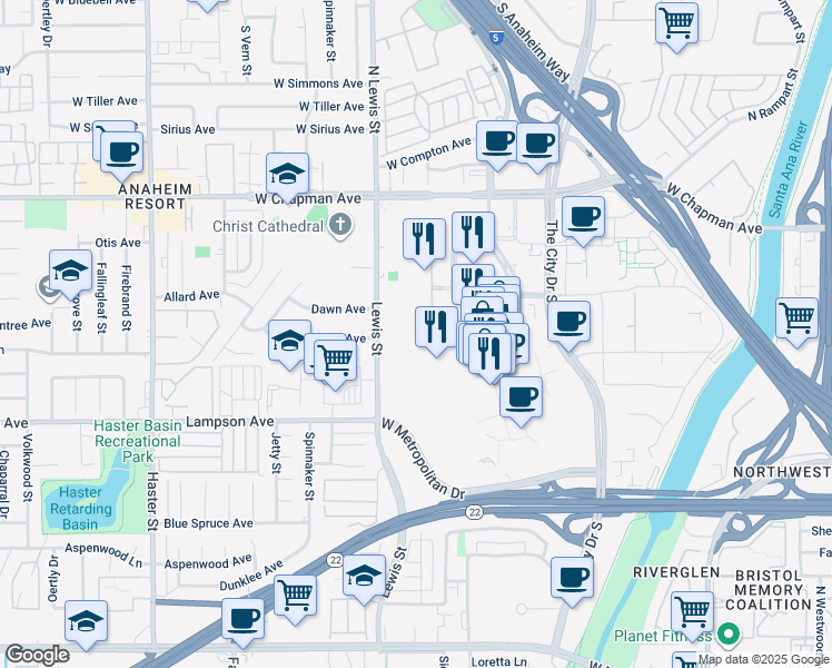 map of restaurants, bars, coffee shops, grocery stores, and more near 170 City Boulevard West in Orange