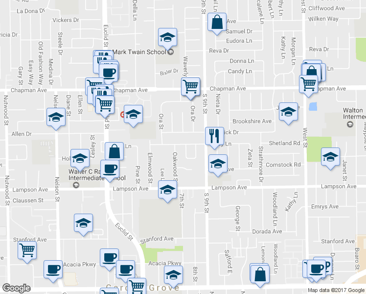 map of restaurants, bars, coffee shops, grocery stores, and more near 11362 Jerry Lane in Garden Grove