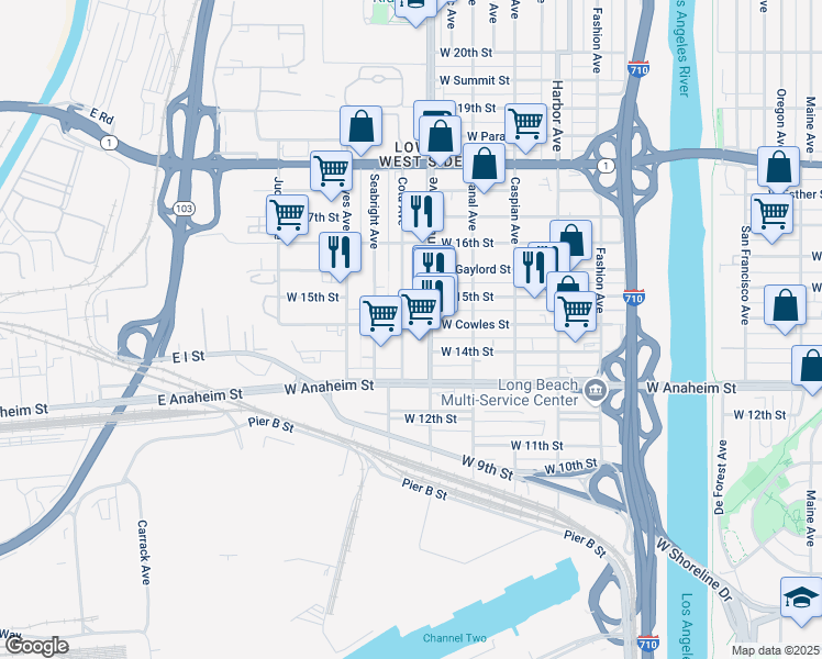 map of restaurants, bars, coffee shops, grocery stores, and more near 1740 West Cowles Street in Long Beach