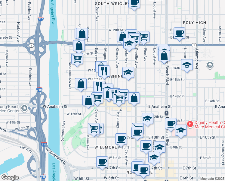map of restaurants, bars, coffee shops, grocery stores, and more near in Long Beach