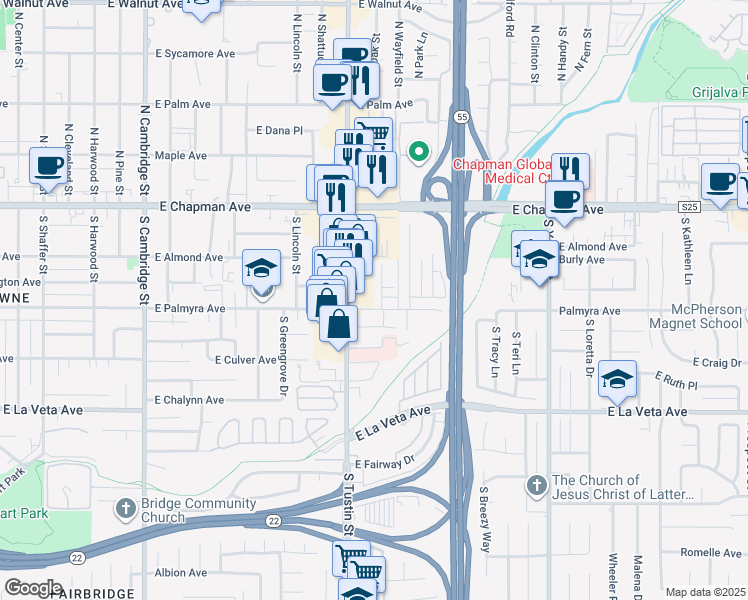 map of restaurants, bars, coffee shops, grocery stores, and more near 285 South Oak Street in Orange