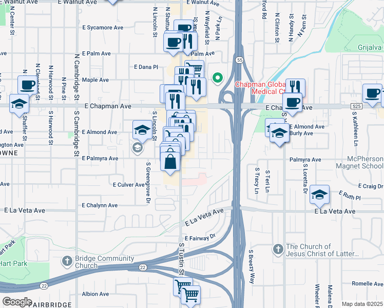 map of restaurants, bars, coffee shops, grocery stores, and more near 291 South Tustin Street in Orange