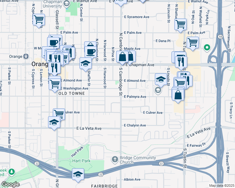 map of restaurants, bars, coffee shops, grocery stores, and more near 276 South Cambridge Street in Orange
