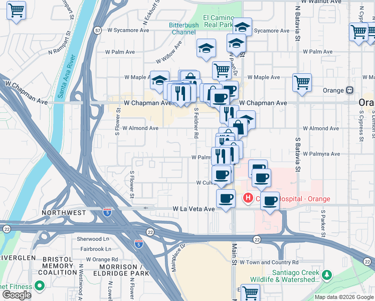 map of restaurants, bars, coffee shops, grocery stores, and more near 273 South La Linda Drive in Orange
