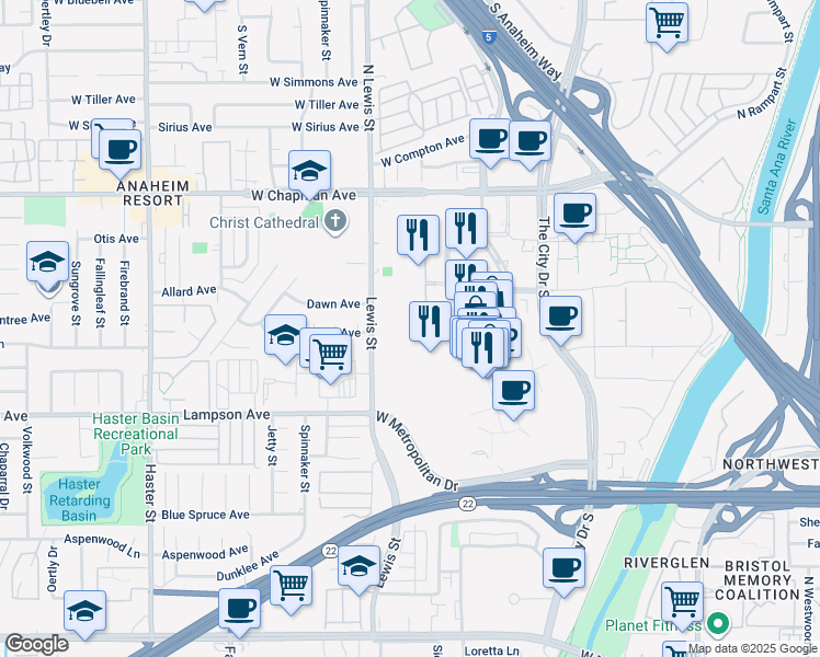 map of restaurants, bars, coffee shops, grocery stores, and more near 170 City Boulevard West in Orange