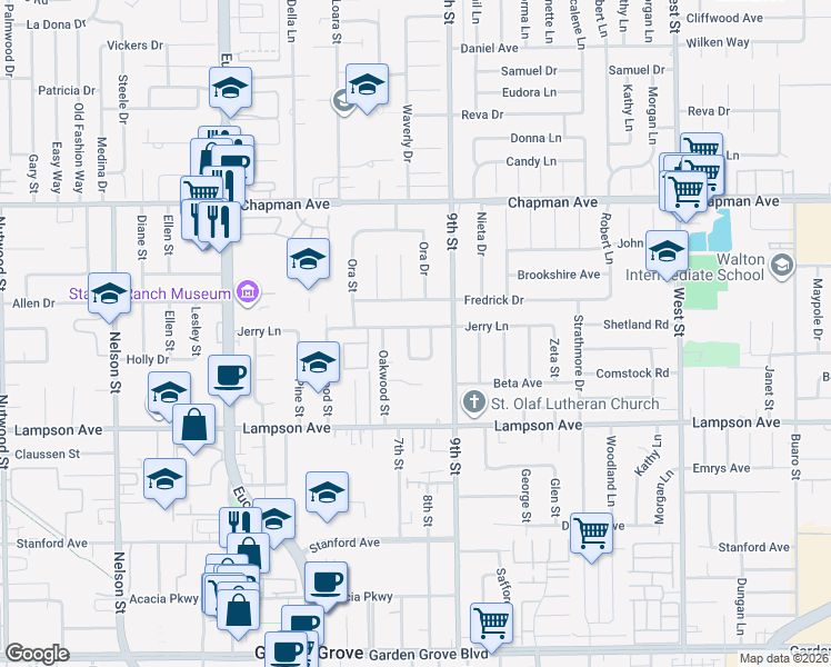 map of restaurants, bars, coffee shops, grocery stores, and more near 11362 Jerry Lane in Garden Grove