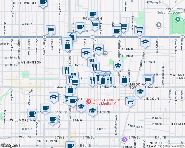 map of restaurants, bars, coffee shops, grocery stores, and more near 1458 Atlantic Avenue in Long Beach