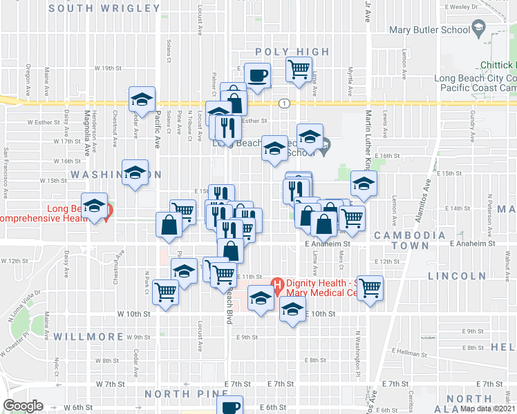 map of restaurants, bars, coffee shops, grocery stores, and more near 1441 Elm Avenue in Long Beach
